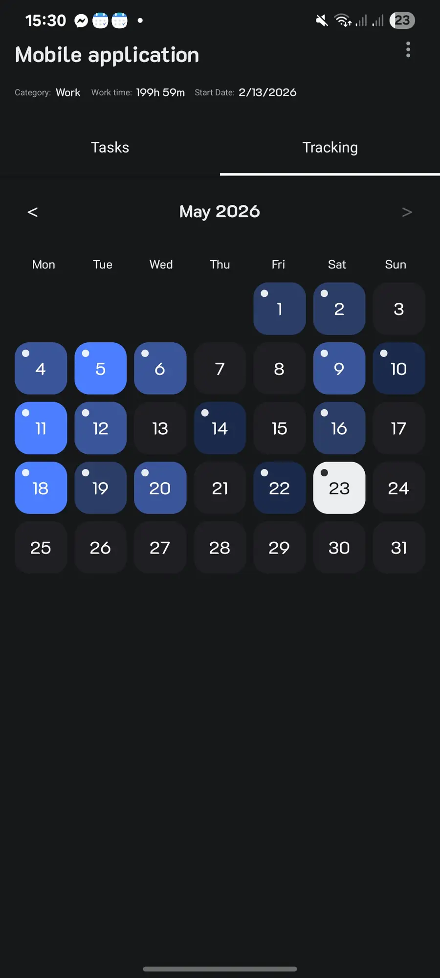 A goal with its tasks and tracking tabs, and a calendar of the days worked on it.